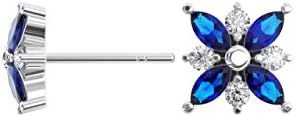 950 Platinum 100% Natural Round Brilliant Cut Diamonds & Blue Sapphire Stud Earring