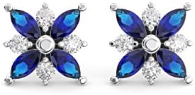 950 Platinum 100% Natural Round Brilliant Cut Diamonds & Blue Sapphire Stud Earring