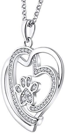 JO WISDOM Women Necklace,925 Sterling Silver Pet Dog/Cat Paw Print Footprint Love You from My Heart Necklace with AAA Cubic Zirconia