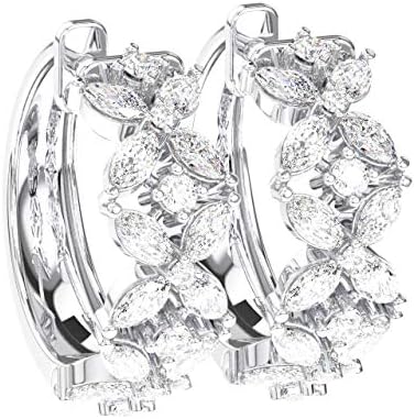 950 Platinum 100% Natural Round and Marquise Cut Diamonds Hoop Earrings