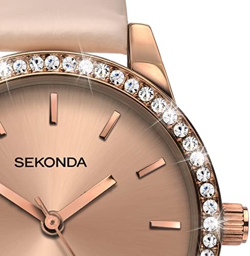Sekonda Hailey Womens 32mm Analogue 3 Hand Quartz Watch with Rose Gold Alloy Stone Set Case Mineral Glass Buckle and Pin and PU Strap