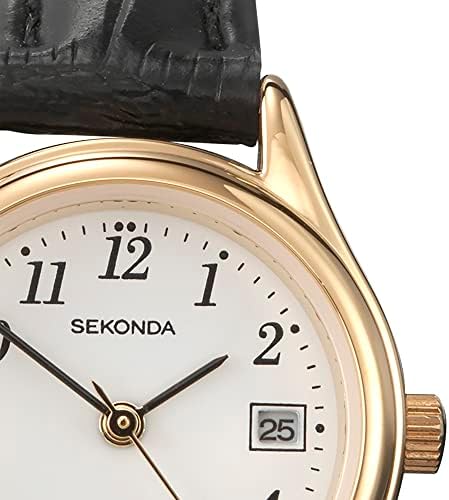 Sekonda Womens 27mm Robinson Analogue 3 Hand Classic Quartz Watch Gold Case with White Dial Date Window and Black Leather Strap 30m Water Resistant