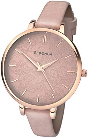 Sekonda Women’s 40mm Analogue Rose Gold 3 Hand Quartz Watch with Patterned Pink Dial and Dusty Pink Strap with Rose Gold Buckle and Mineral Glass