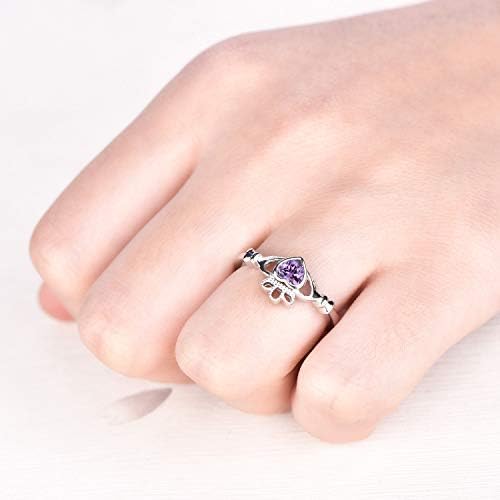 JO WISDOM Claddagh Ring,925 Sterling Silver Celtic Heart Birthstone Ring with Heart Cut 3A Cubic Zirconia February Birthstone Amethyst Color for Women