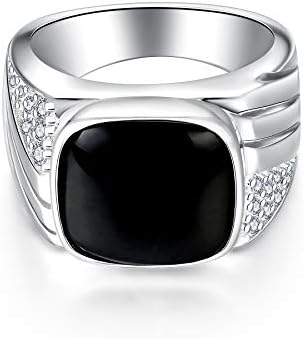 JO WISDOM Men’s Ring 925 Sterling Silver Classical Plain Signet Black Onyx Wide Ring with 5A Cubic Zirconia,Jewelry for Men