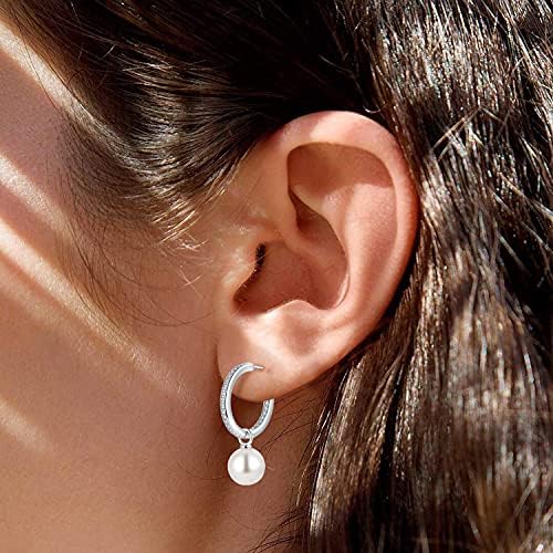 JO WISDOM Pearl Hoop Earrings,925 Sterling Silver 7mm / 8MM Pearl Drop Earrings with White Gold Plated,Wedding Earrings for Women Girl