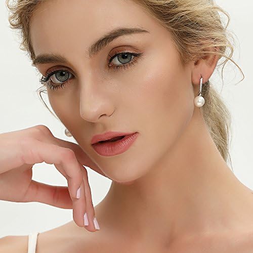 JO WISDOM Women Earrings,925 Sterling Silver 10mm Pearl Leverback Drop Earrings with AAA Cubic Zirconia,Wedding Earrings